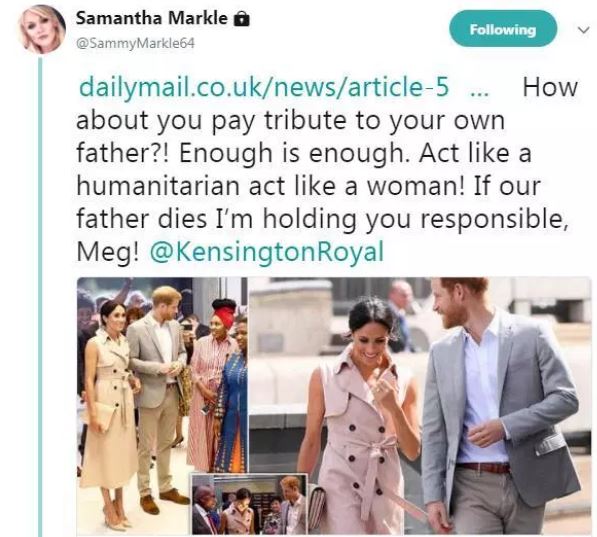 "Blame Meghan Markle If Our Father Dies"-Duchess' Half Sister Attacks