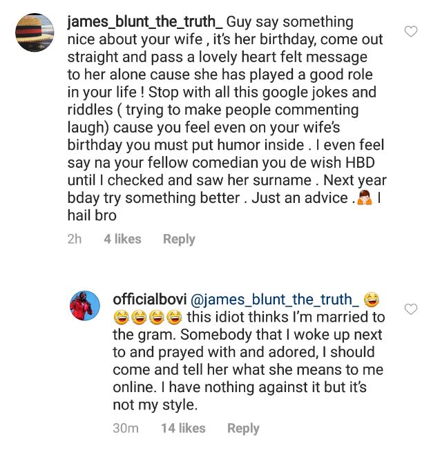 Bovi slams IG user who criticized birthday message to his wife