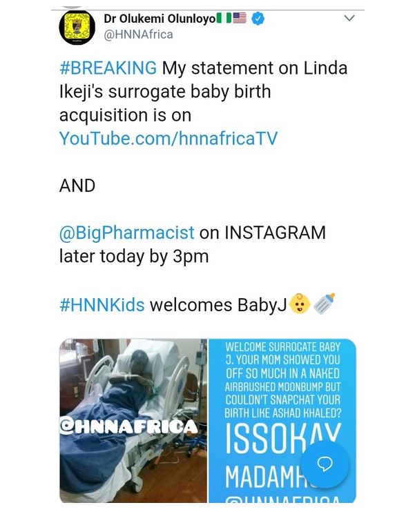 Kemi Olunloyo slams Linda Ikeji again, says Baby J is a surrogate baby
