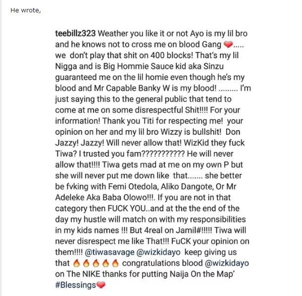 Teebillz deletes his controversial post about Wizkid and Tiwa Savage