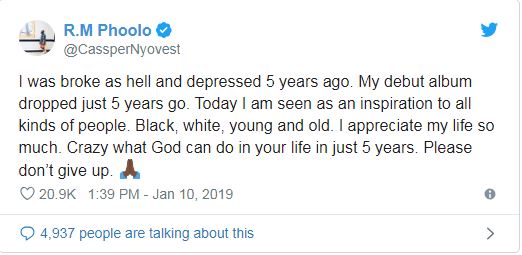'I Was Broke As Hell And Depressed 5 Years Ago' - Cassper Nyovest Reveals
