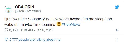 'Maybe I’m Dreaming' -Teni Gets Emotional As She Wins Best New Act At Soundcity MVP Awards