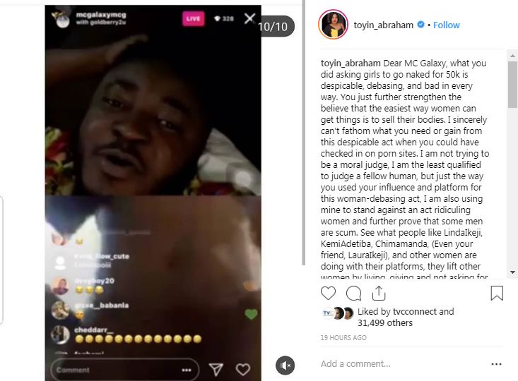 Toyin Abraham blasts MC Galaxy for making ladies go naked on IG live for N50k