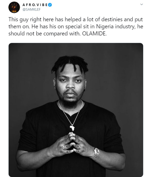 Music producer, samklef dishes out praises on rapper, Olamide